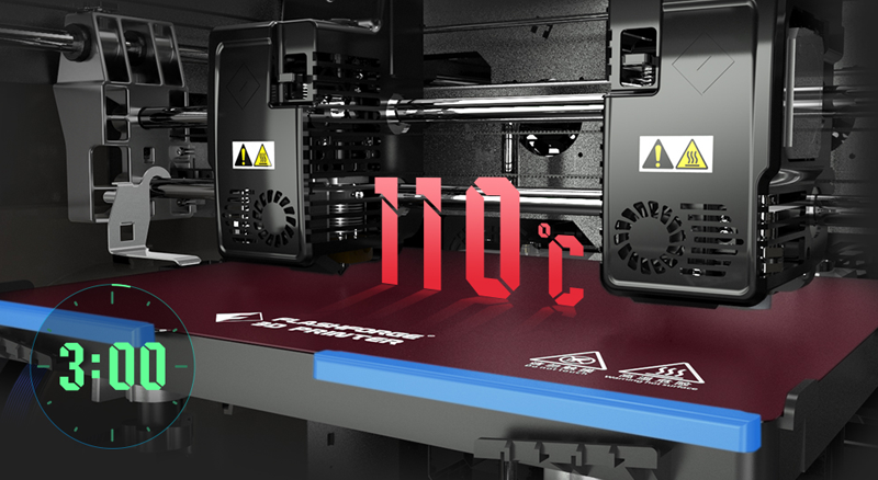 A plataforma de impressão e os extrusores da impressora Creator 3 Pro